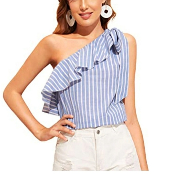 SHEIN Tops - Elegant One-Shoulder Striped Blouse